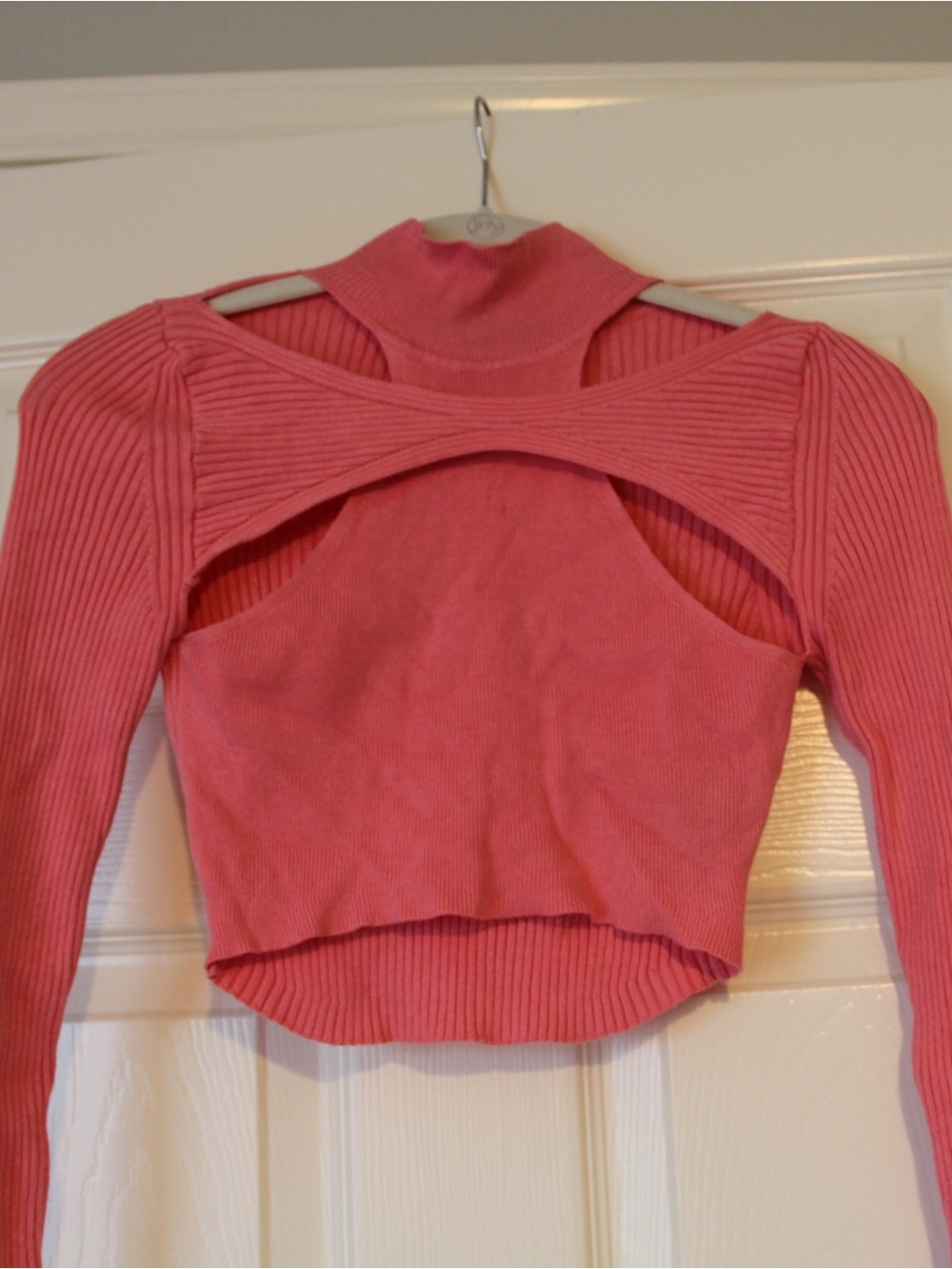 Urban Outfitters Coral Pink Long-sleeved Ribbed Crop top with Cutouts
